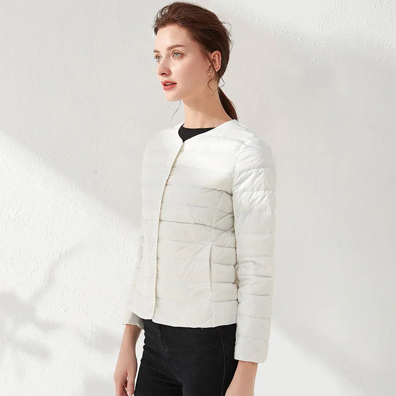 Street Wave Lightweight Collarless Womens Down Jacket Figure Flattering Puffer Coat For Women