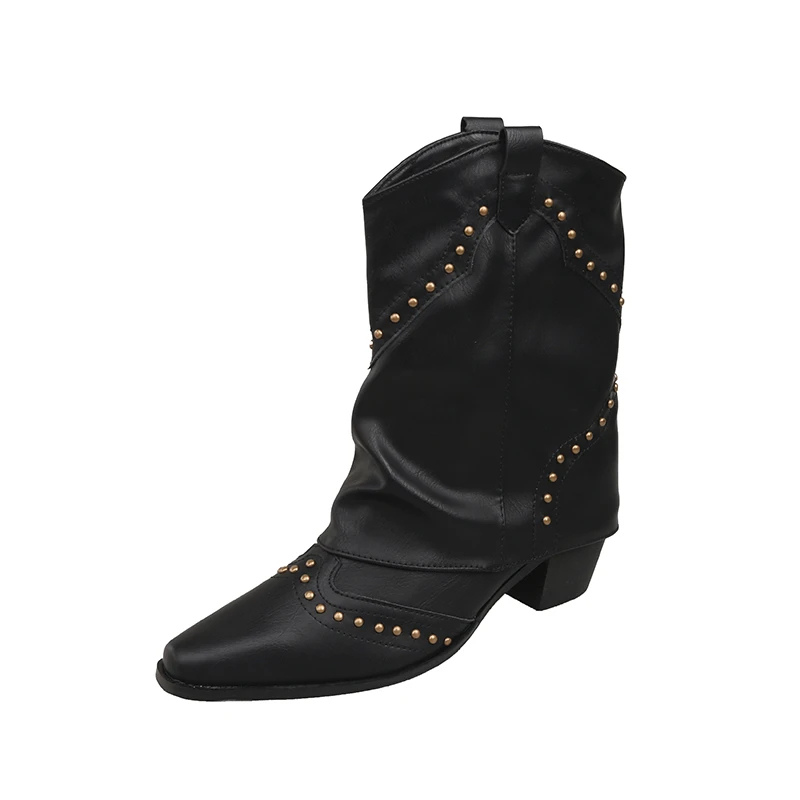 Women's Western-Style Boots with Studded Detail and Mid-Height