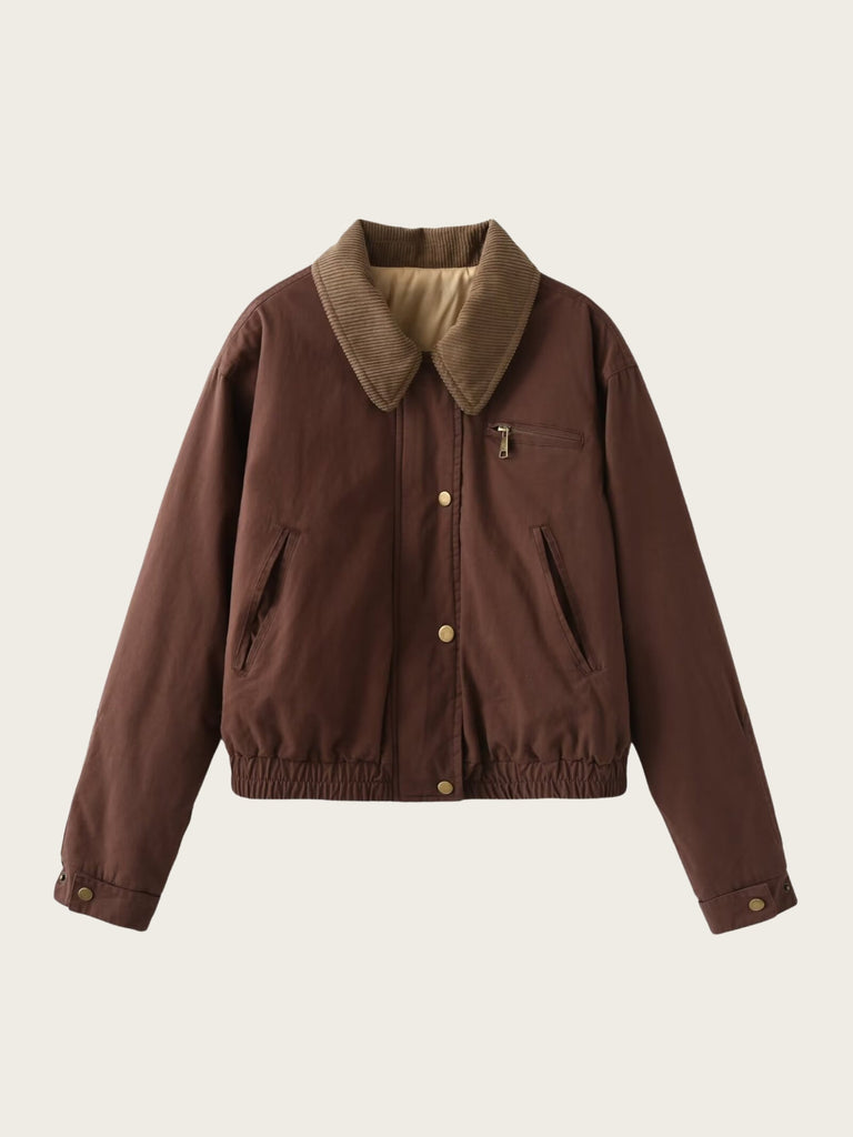 Street-wave Corduroy Collar Bomber Jacket Unisex Casual Outerwear With Zip Front And Utility Pockets