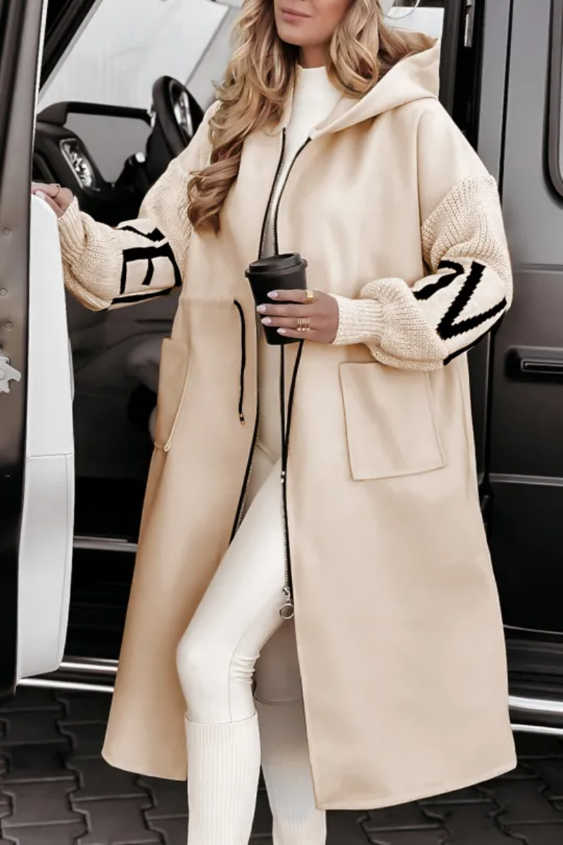 Street-Wave Hooded Jacket For Women With Knit Sleeves Patchwork Design Warmth And Style