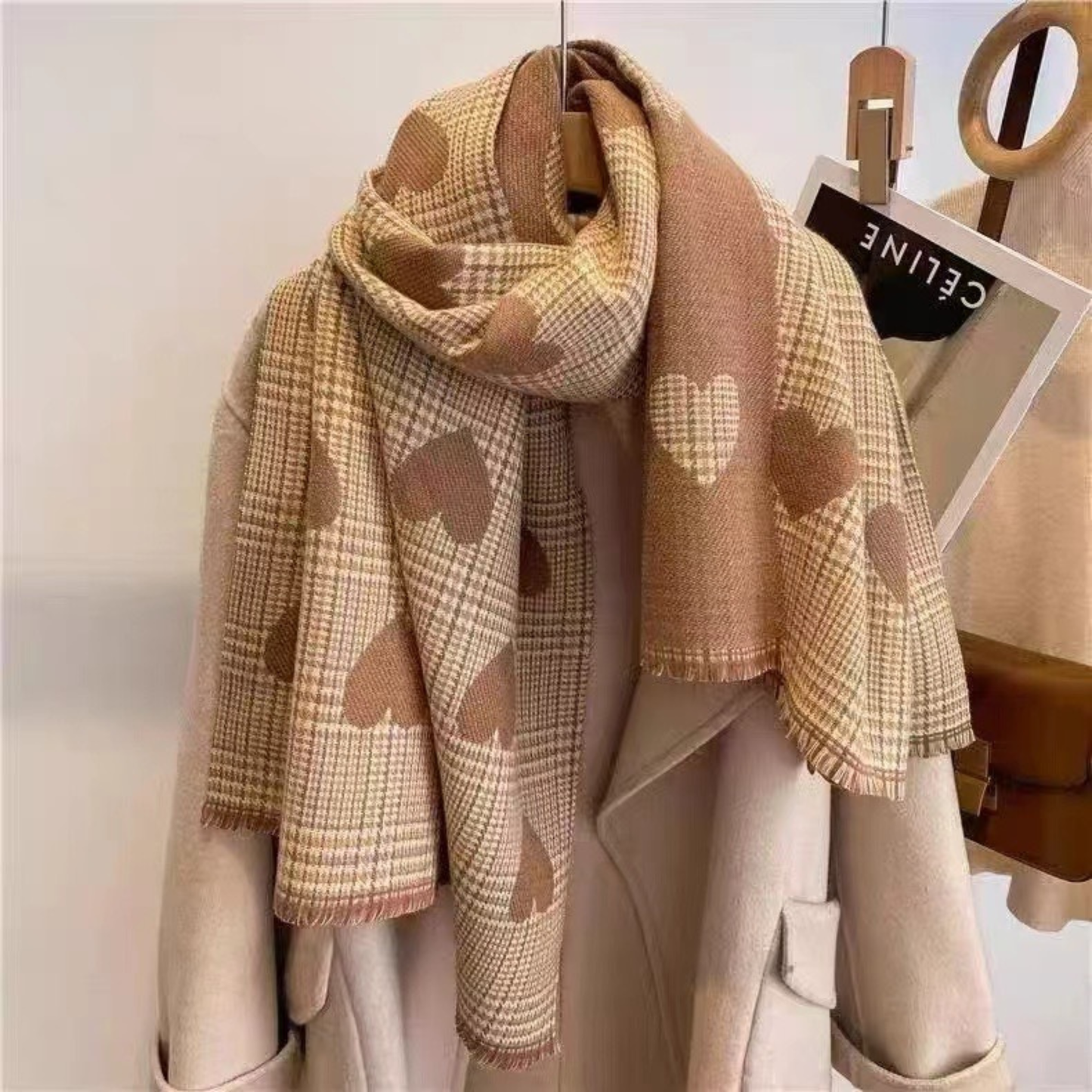 Women's Warm Plaid Scarf with Double-Sided Design and Tassels