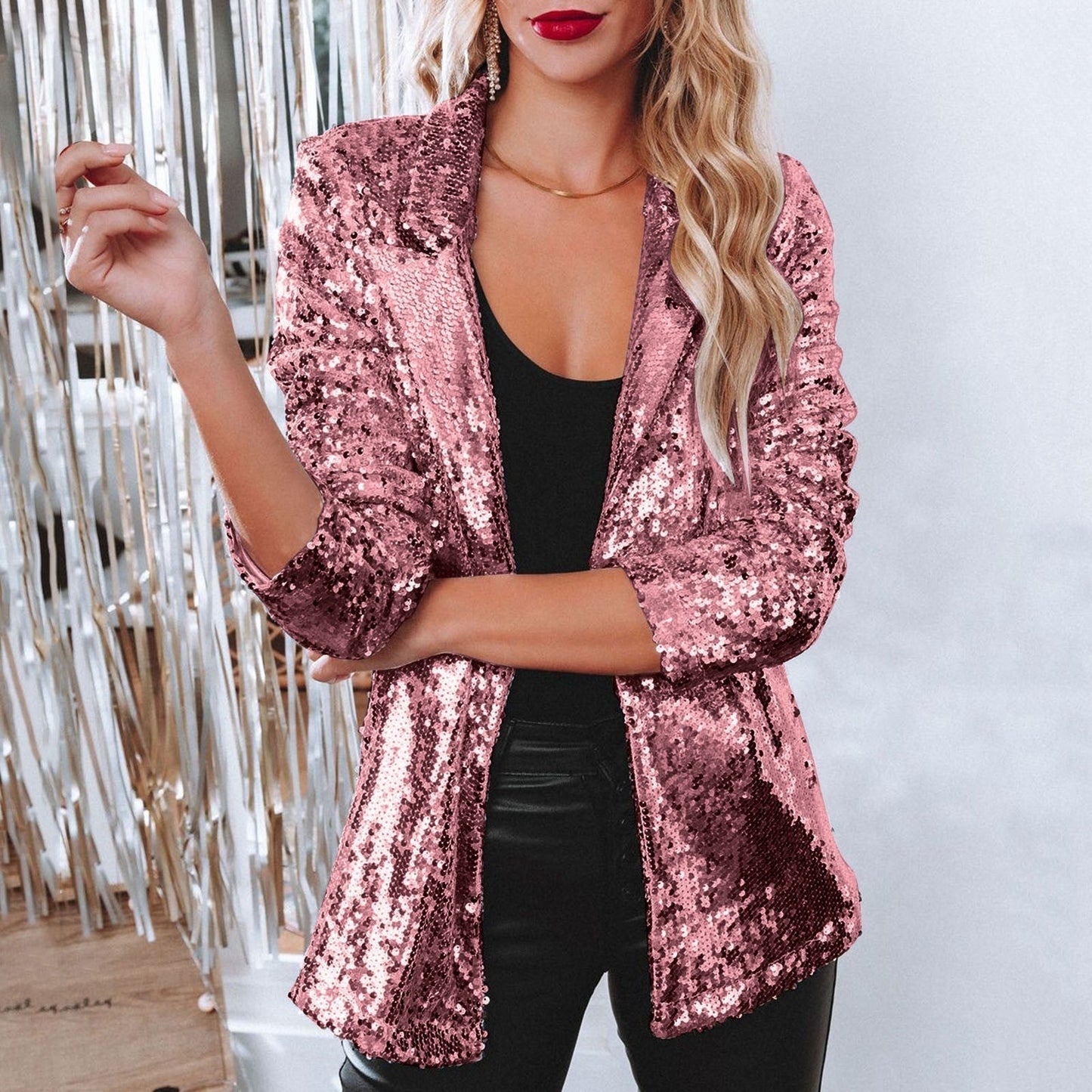 Street-wave Sequin Blazer for Women Sparkling Silver Glitter Shine Party Ready for Events