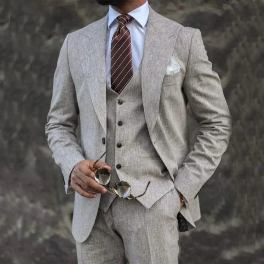 Carson Mens Three Piece Linen Blend Suit Street Wave Lightweight For Weddings