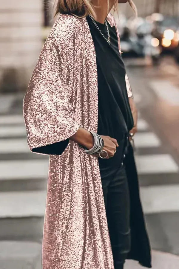 Street Wave Sequin Kimono For Party Lovers Reflective Shine And Glittering Bell Sleeves