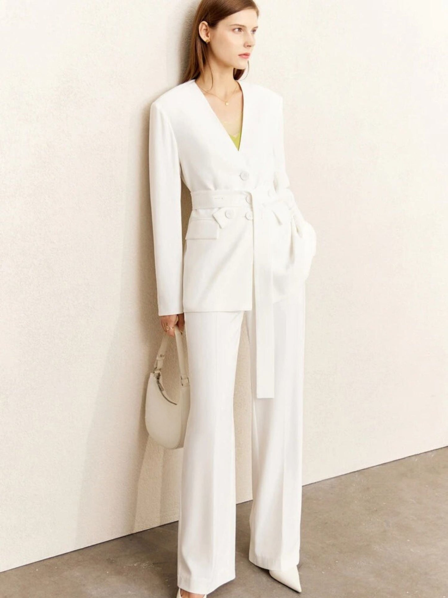 Street-wave Minimalist Blazer and Trousers Set With V-Neck Blazer and Belted Waist For Chic Professional Women