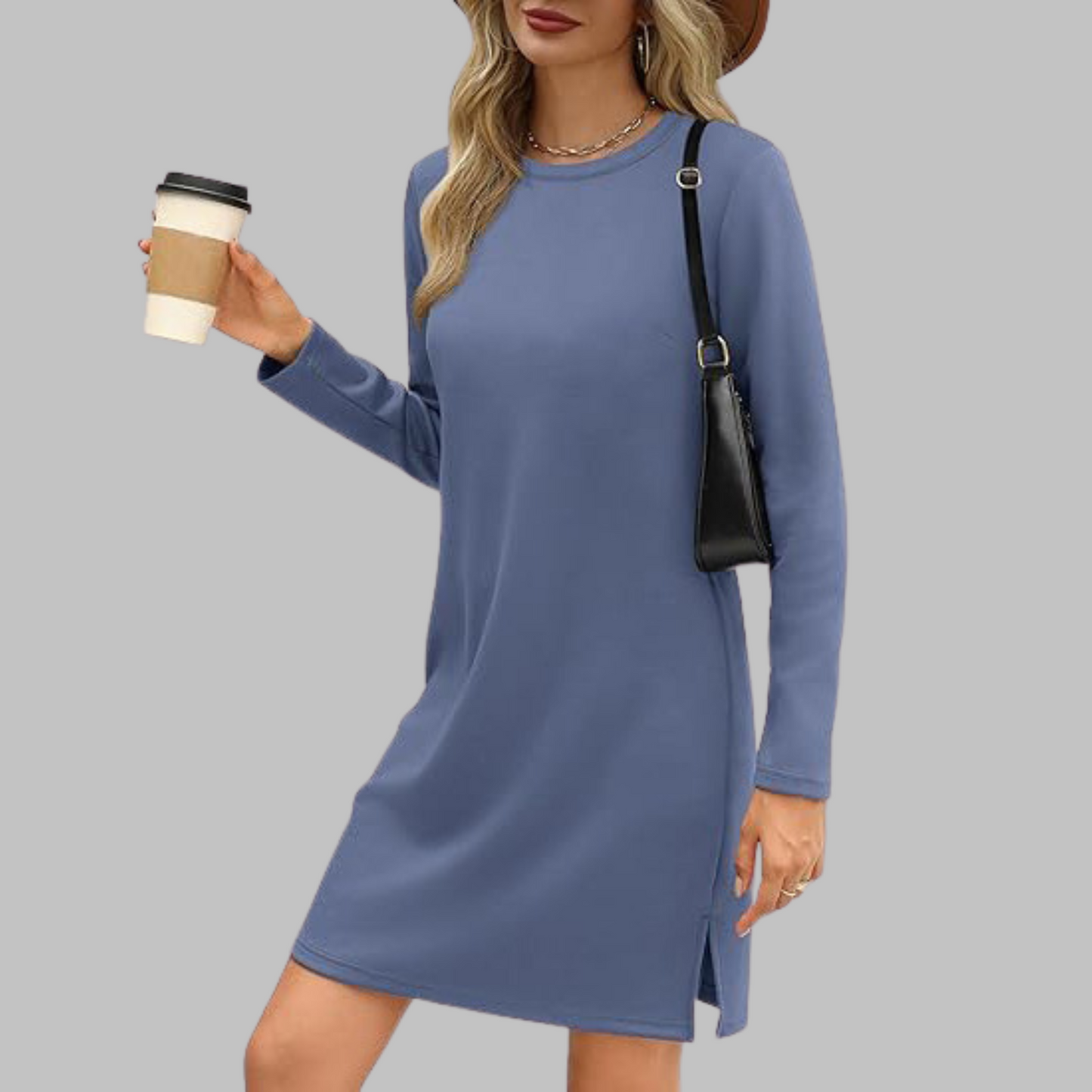 Women's Long Sleeve Round Neck Dress with Relaxed Fit and Versatile Style