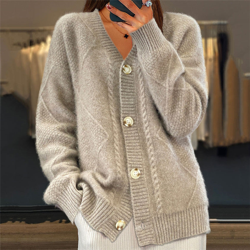 Street-wave V-Neck Cable Knit Cardigan For Women, Cozy Timeless Office Casualwear