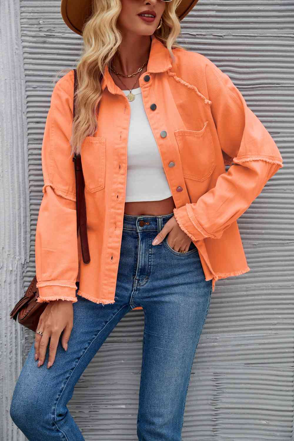 Street Wave Raw Hem Denim Jacket For Women With Collar And Button Front Unfinished Hem Cotton Blend