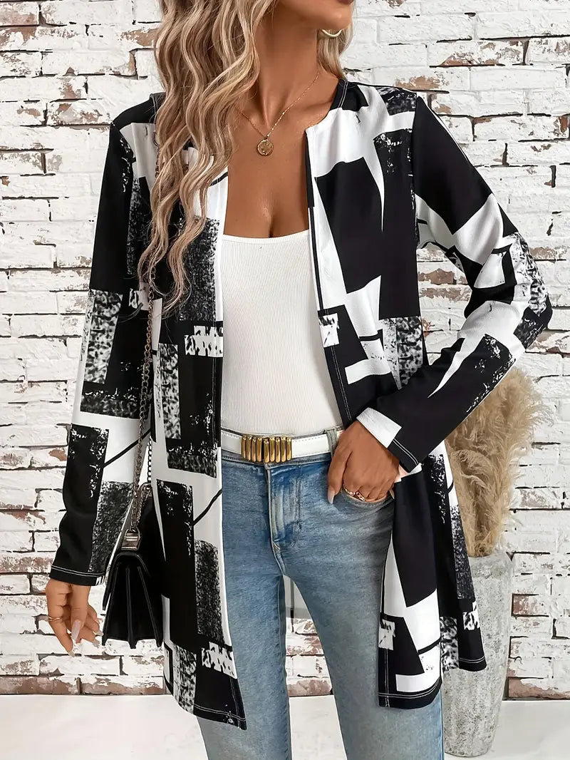 Street-wave Colorblock Midi Coat Open Front For Women With Bold Modern Color Blocks