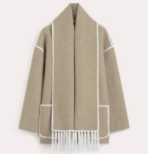 Street-wave Scarf Coat Oversized Cape With Fringed Trim For Fashion Forward Streetwear Fans