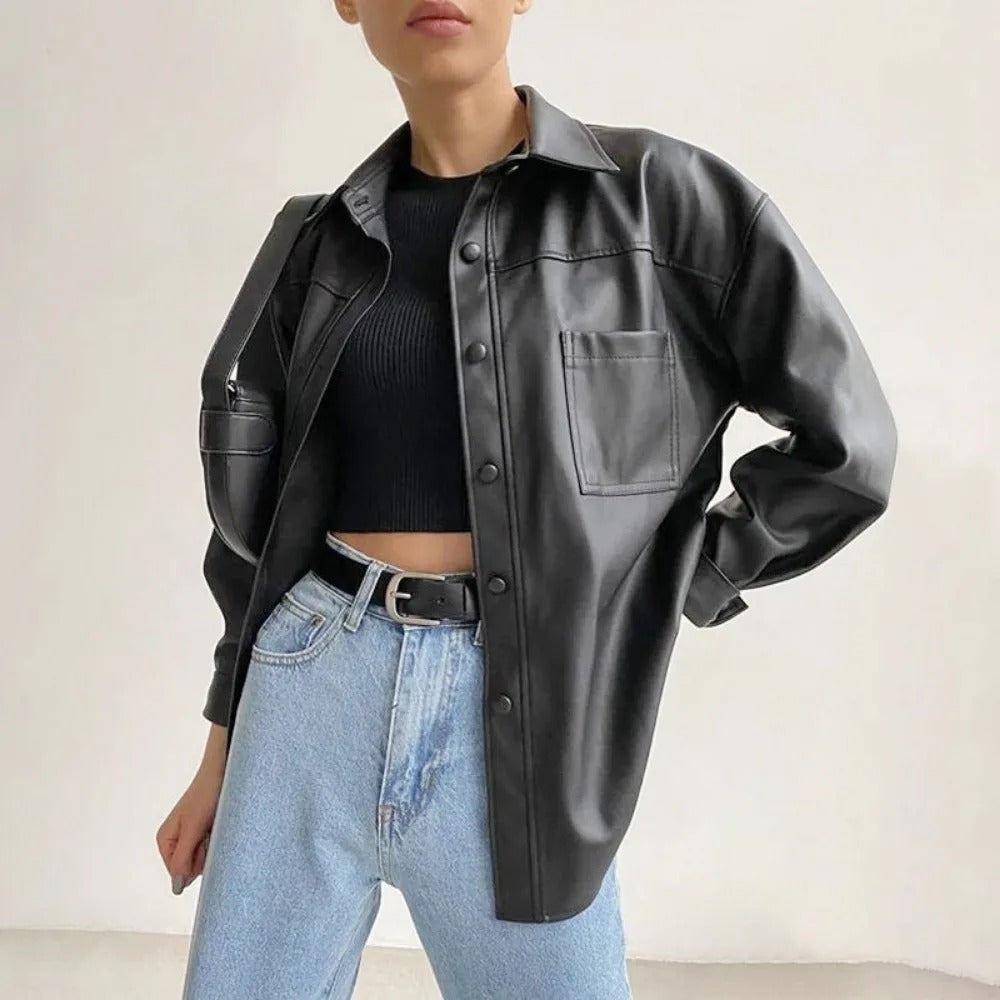 Street-wave Premium Leather Bomber Jacket With Lapel Collar And Button Closure For Urban Women