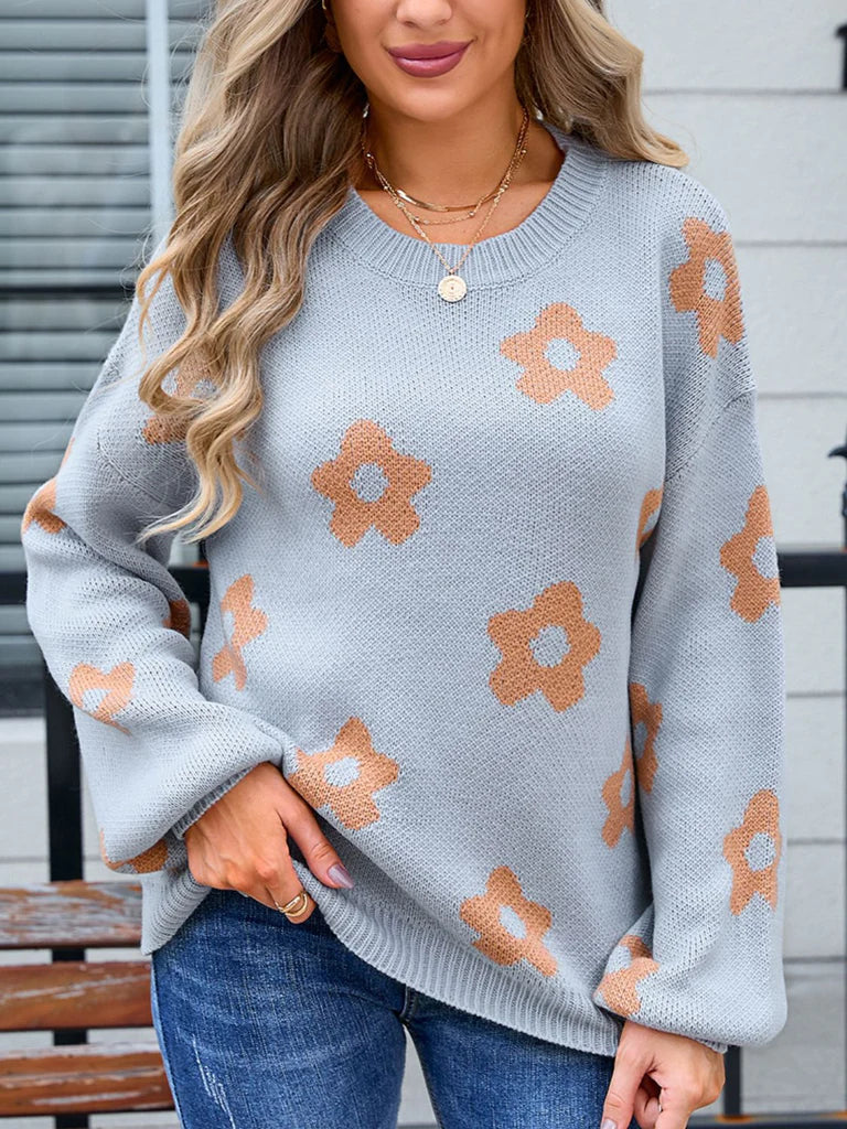 Streetwave Floral Knit Sweater For Women Soft Cozy Everyday Wear With Bold Flower Pattern