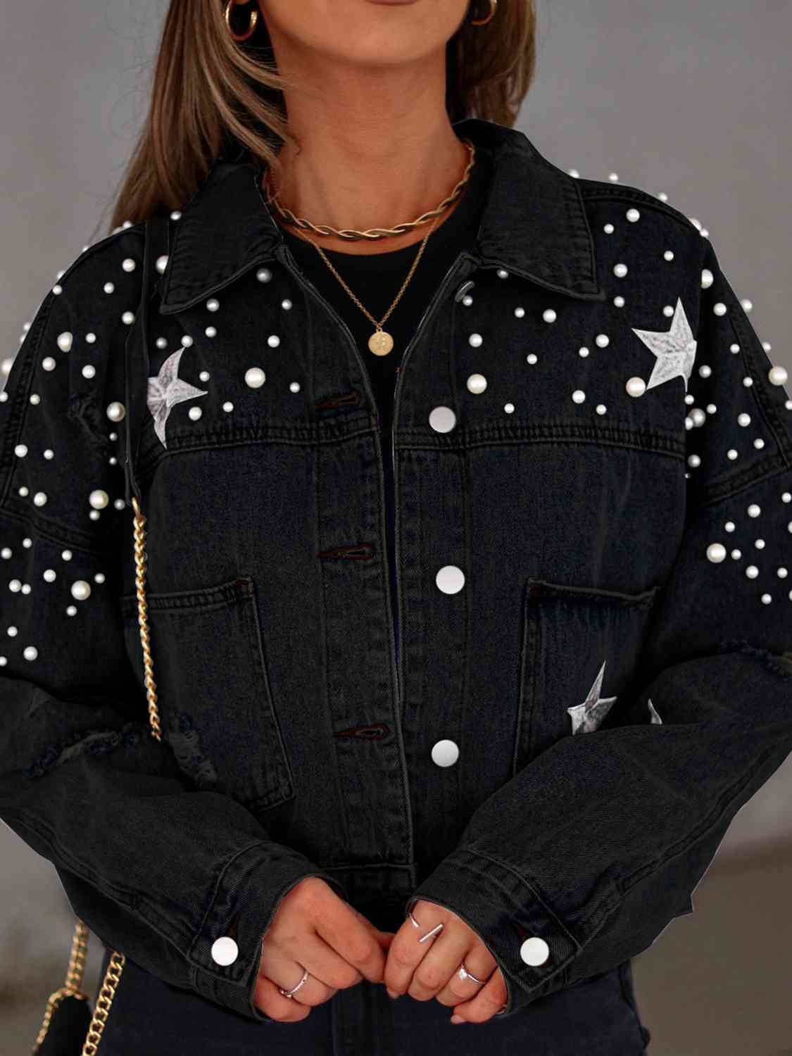 Street-Wave Pearl Embellished Button-Down Denim Jacket With Pockets For Women Everyday Style