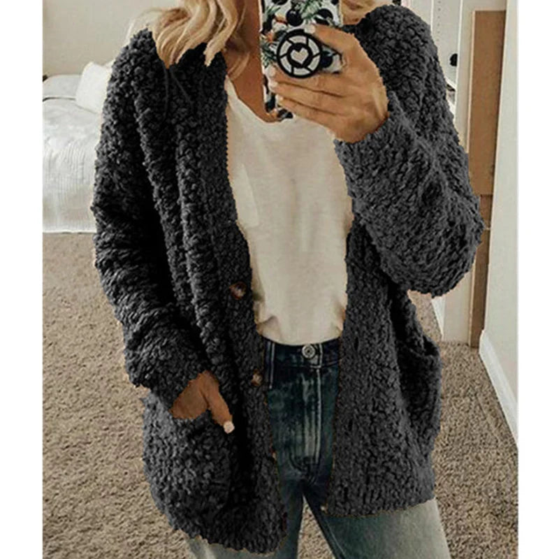 Street-wave Plush Cardigan Coat For Women - Ultra Cozy Warmth With Front Pockets