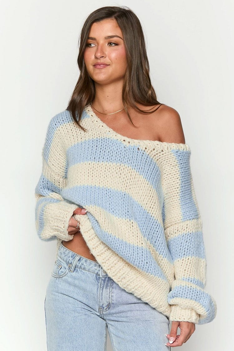 Street-wave Off Shoulder Striped Knit Sweater For Women Cozy Relaxed Fit Warmth With Playful Design