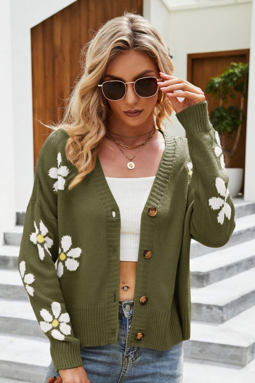 Street-Wave Floral Ribbed Trim Drop Shoulder Cardigan For Women Soft Acrylic Knit With Floral Sleeves
