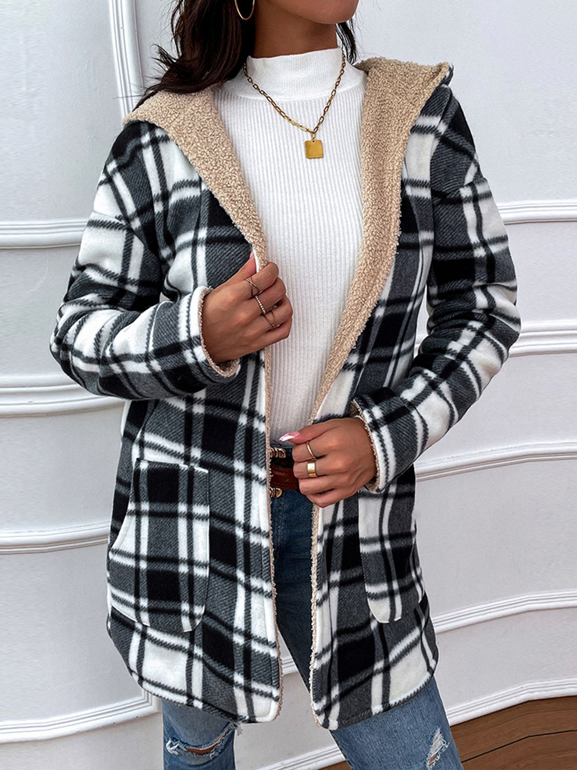 Street-Wave Plaid Hooded Long Coat For Women Cozy Warmth Oversized Longline Outerwear