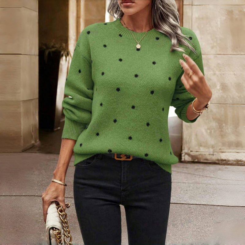 Street-Wave Polka Dot Knit Sweater for Women Cozy Cotton Blend Long Sleeve Round Neck