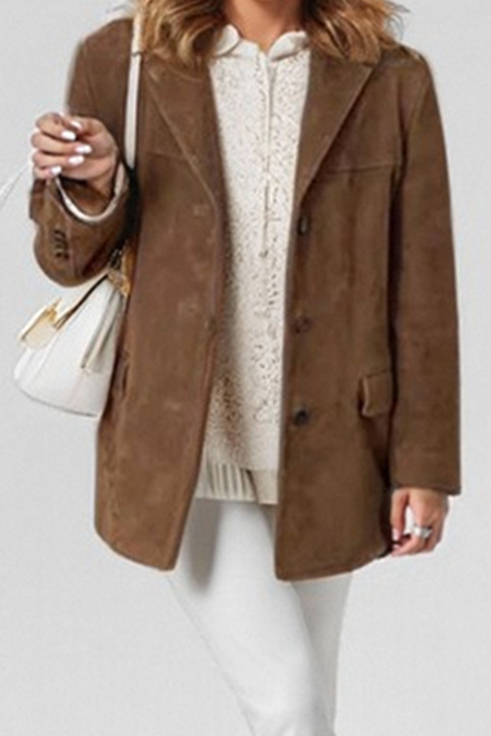 Street-Wave Vintage Café Jacket For Women, Suede Look, Lapel Collar, Flap Pockets, Button Closure, Timeless Chic