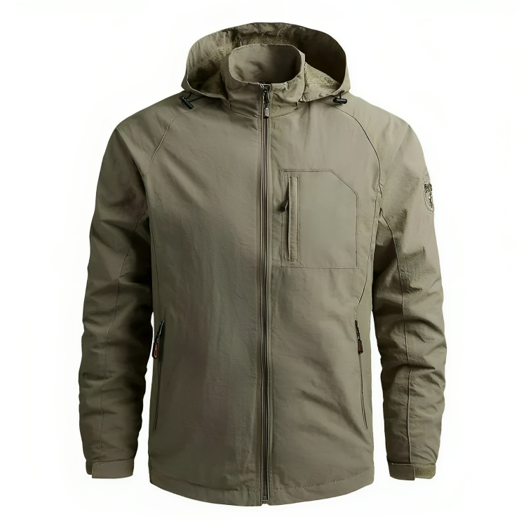 Street-wave Waterproof Hooded Windbreaker For Men With Chest Pocket And Rain Protection