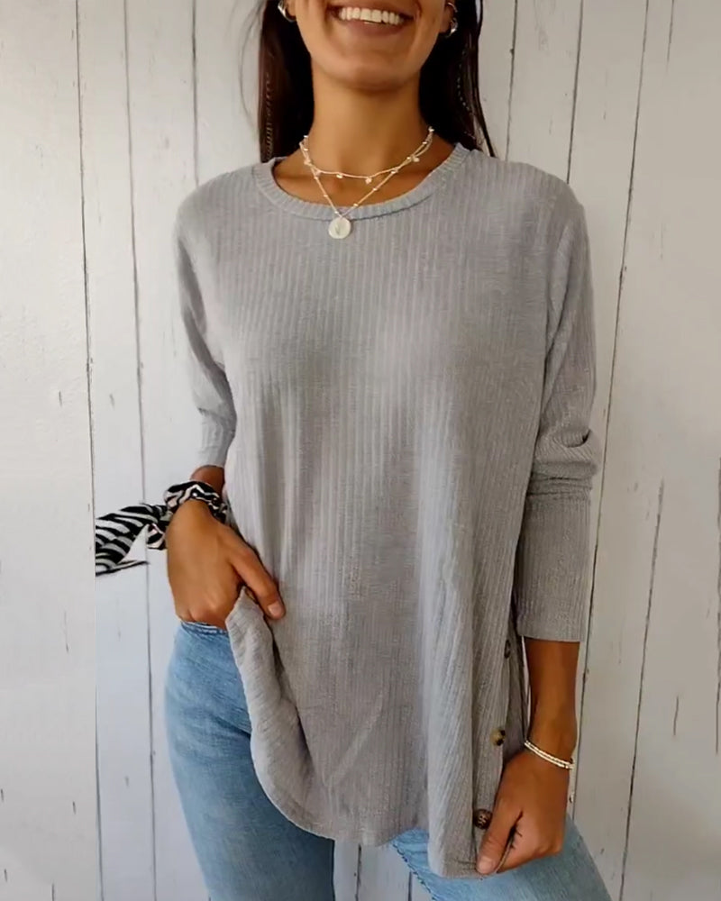 Street-Wave Ribbed Knit Top With Crew Neck And Long Sleeves For Women - Soft Everyday Comfort And Versatile Layering