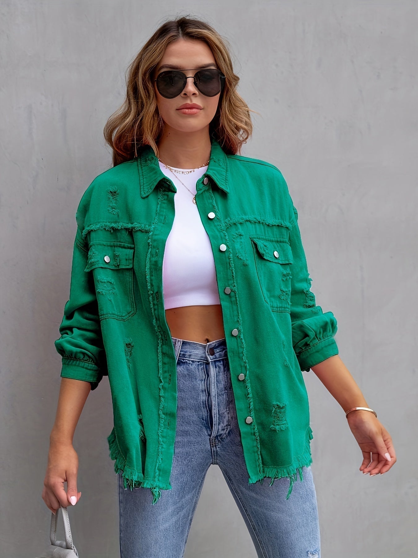 Street-Wave Boho Denim Jacket For Women Button Front Distressed Non Stretchy Frayed Hem