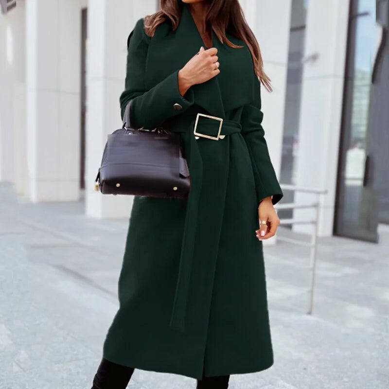 Street Wave Long Wool Coat With Effortless Belted Classic Fit And Wide Lapels For Modern Women