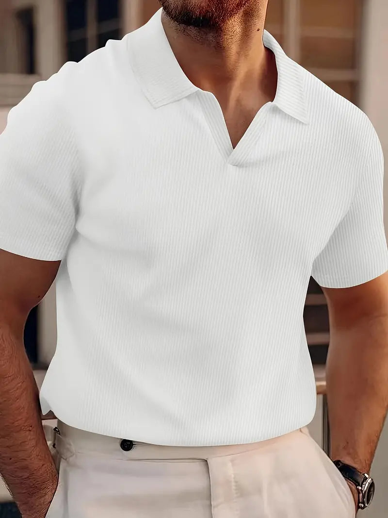 Street-Wave Ribbed Knit Polo Shirt Men Short Sleeve V-Neck All-Day Comfort
