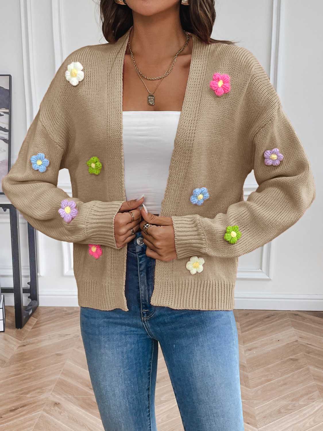Street Wave Floral Knit Cardigan Open Front For Women Feminine Style And Cozy Comfort