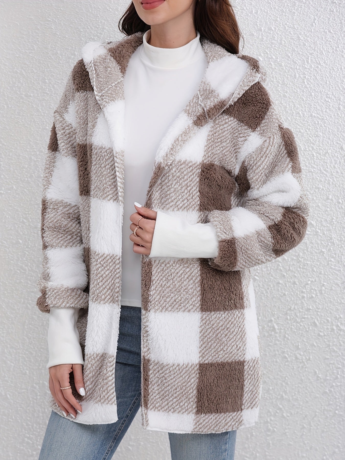 Street-Wave Hooded Plush Plaid Jacket For Women Cozy Open Front Fleece Coat For Cold Weather Warmth