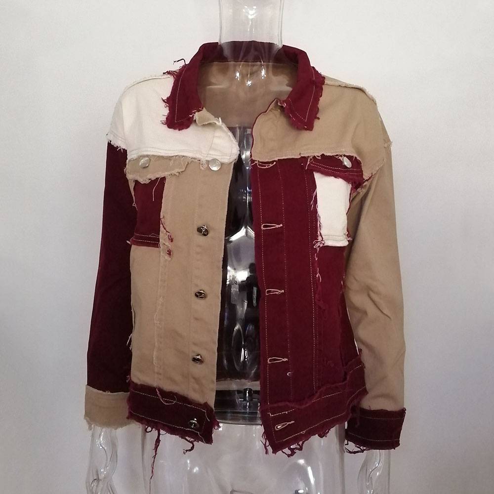 Street Wave Patchwork Jacket With Turn Down Collar For Women Edgy Clubwear Cotton Spandex Mix