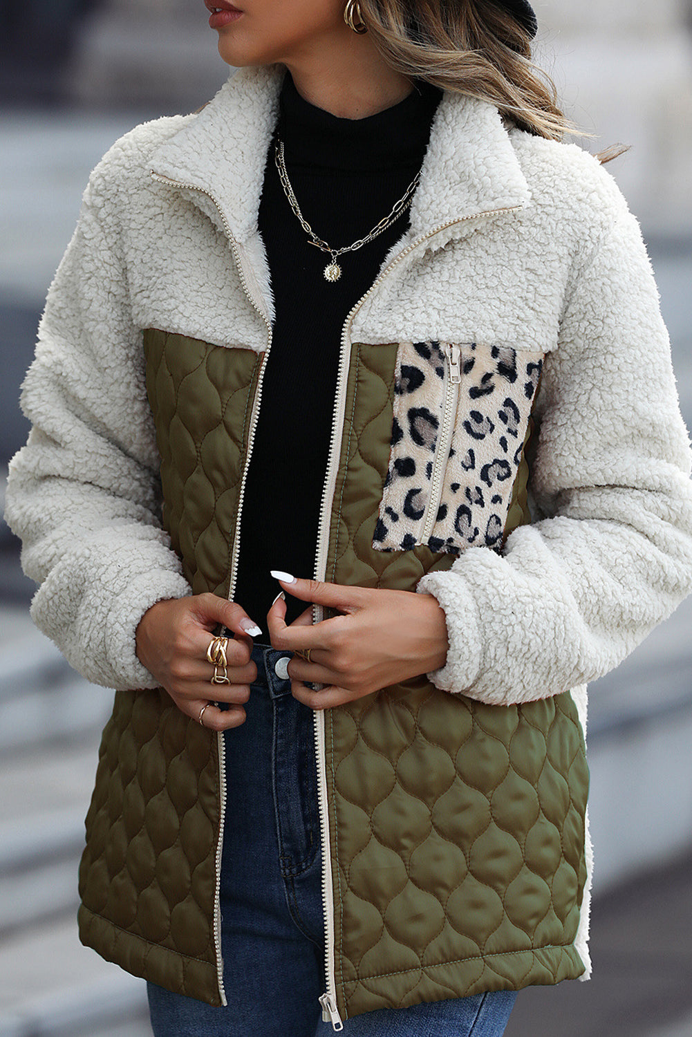 Streetwave Quilted Sherpa Zip Jacket For Women With Leopard Patch Pocket And Stand Collar For Cozy Warmth