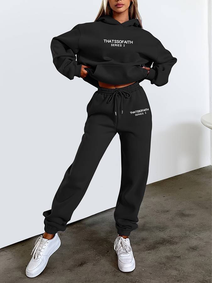 Street-wave Cozy Loungewear Set With Minimal Print For Women, Oversized Hoodie And Joggers