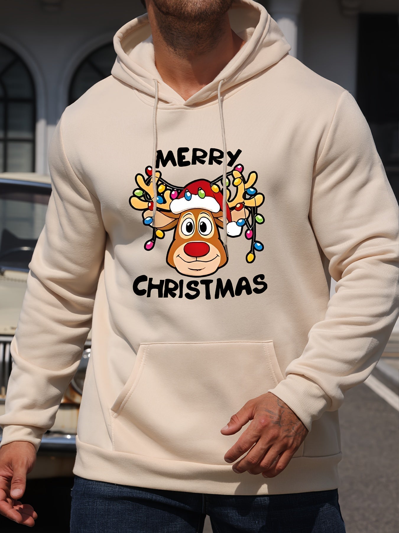Street-Wave Christmas Hoodie With Reindeer Print Polyester Cozy Festive Design For Holiday Shoppers