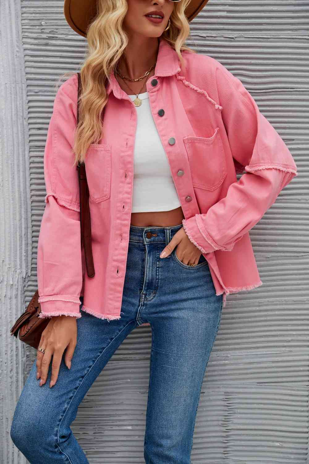 Street Wave Raw Hem Denim Jacket For Women With Collar And Button Front Unfinished Hem Cotton Blend