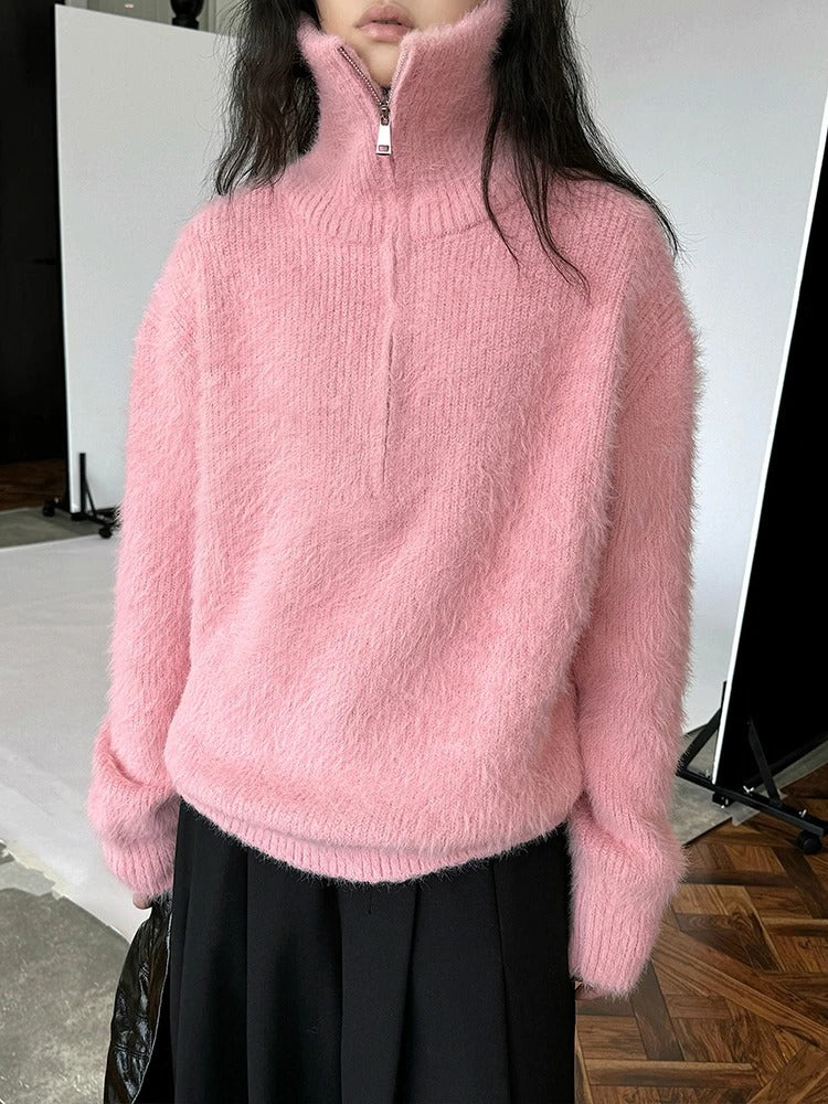 Street Wave Plush Zip Up Pullover For Women Cozy Warm Fleece Knit Sweater With Soft Plush Texture