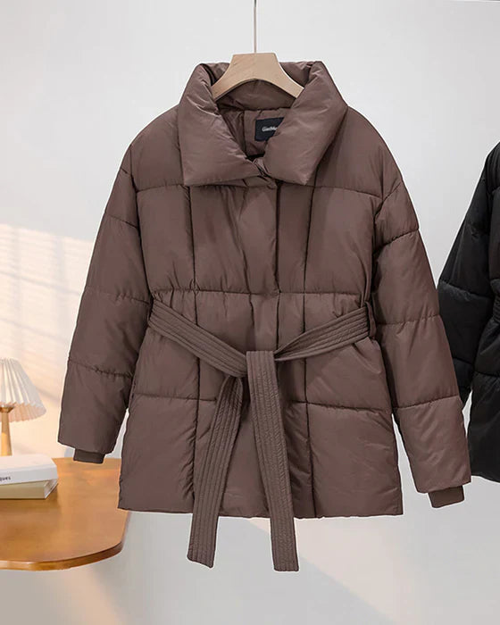 Street-wave Belted Quilted Puffer Jacket For Women With Warm Insulation Winter Coat