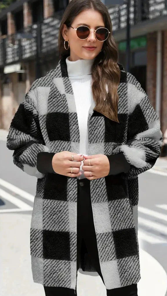 Streetwave Women Hooded Cardigan Coat Plush Plaid Luxury Comfort For Work And Daily Wear Everyday Cozy