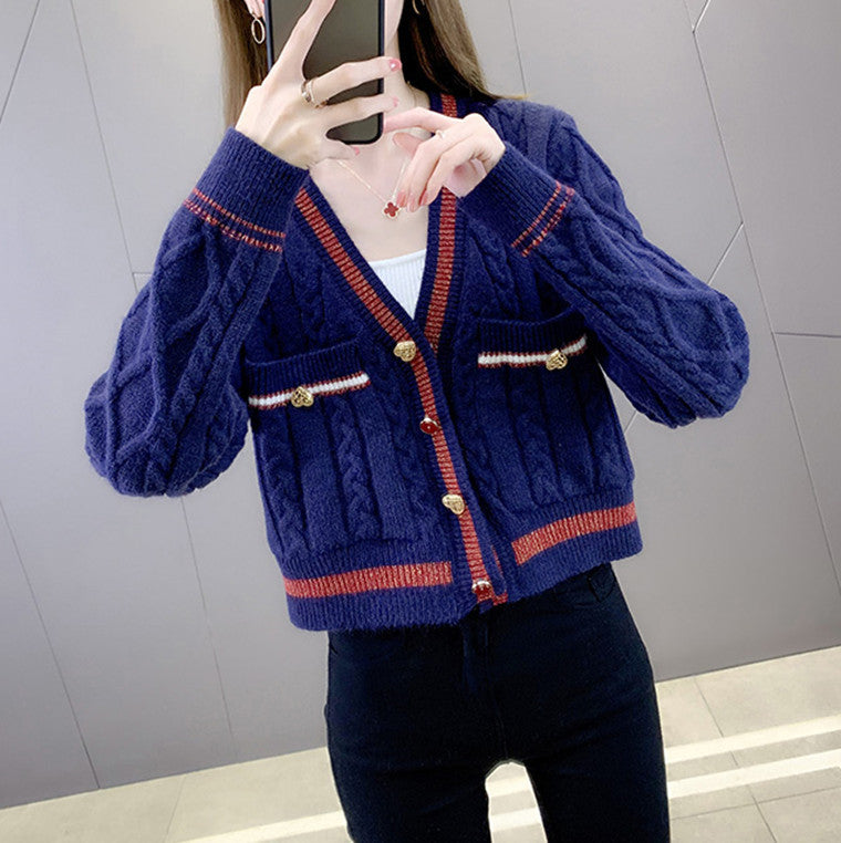 Street-Wave Womens Short Knit Cardigan With Elegant Modern Versatile Contrast Trim And Gold Buttons