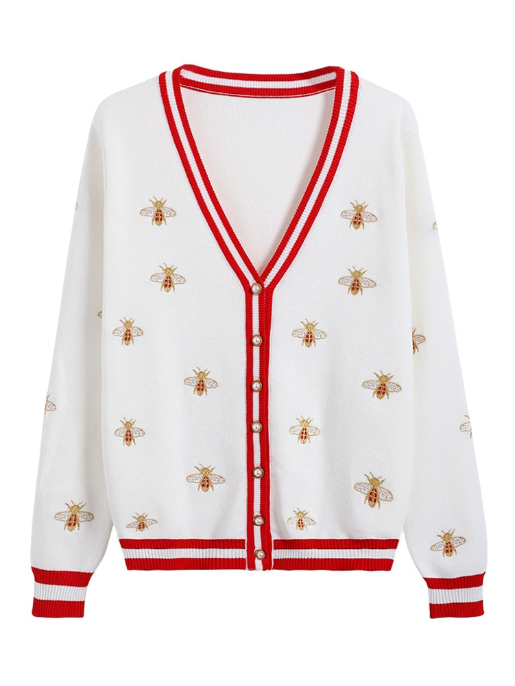 Street-Wave Bee Embroidered Cardigan For Women Warm Cozy Knit With Red Trim And Pearl Buttons