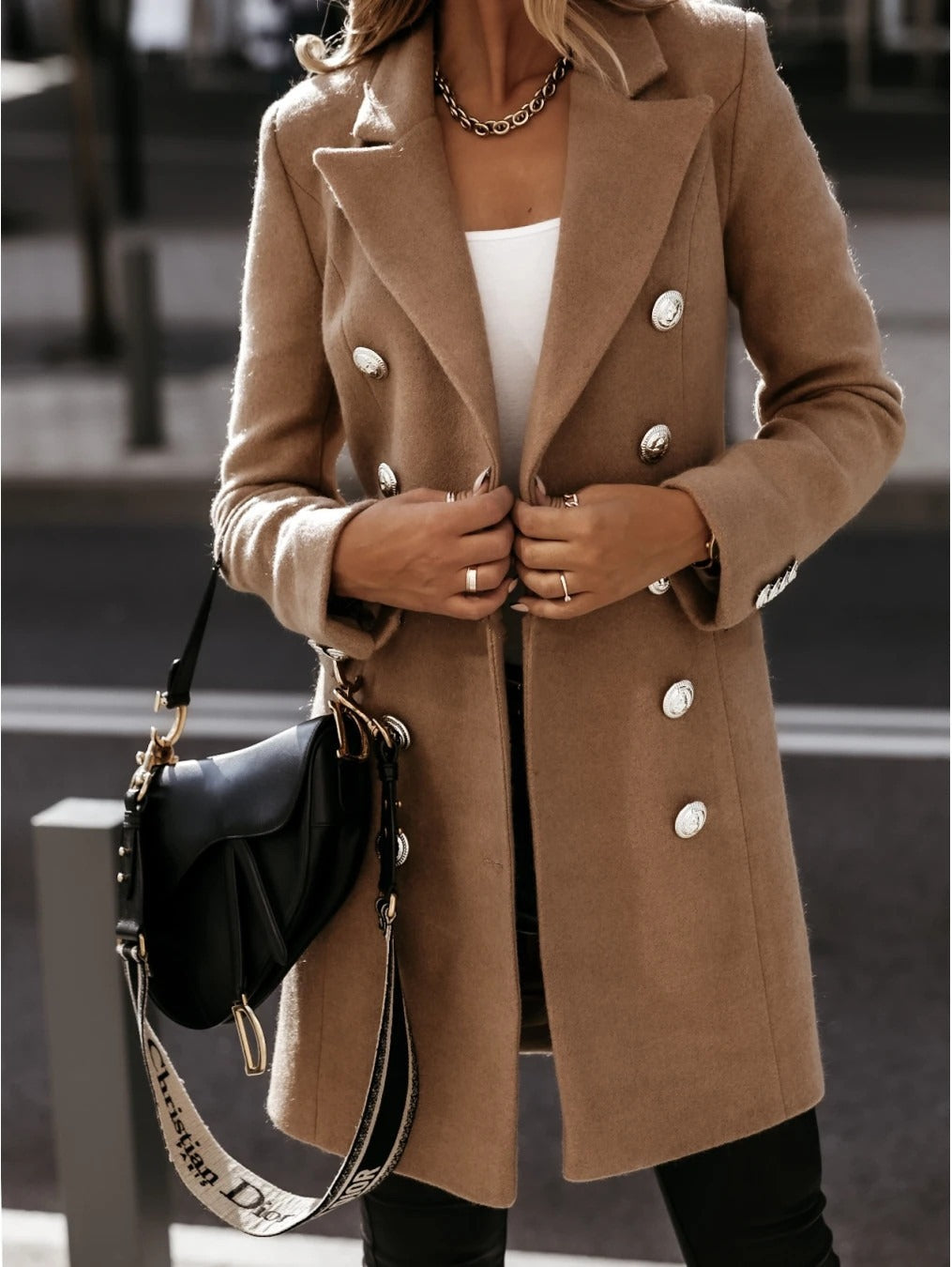 Street-wave Classic Double Breasted Jacket For Women With Silver Button Details And Timeless Elegance