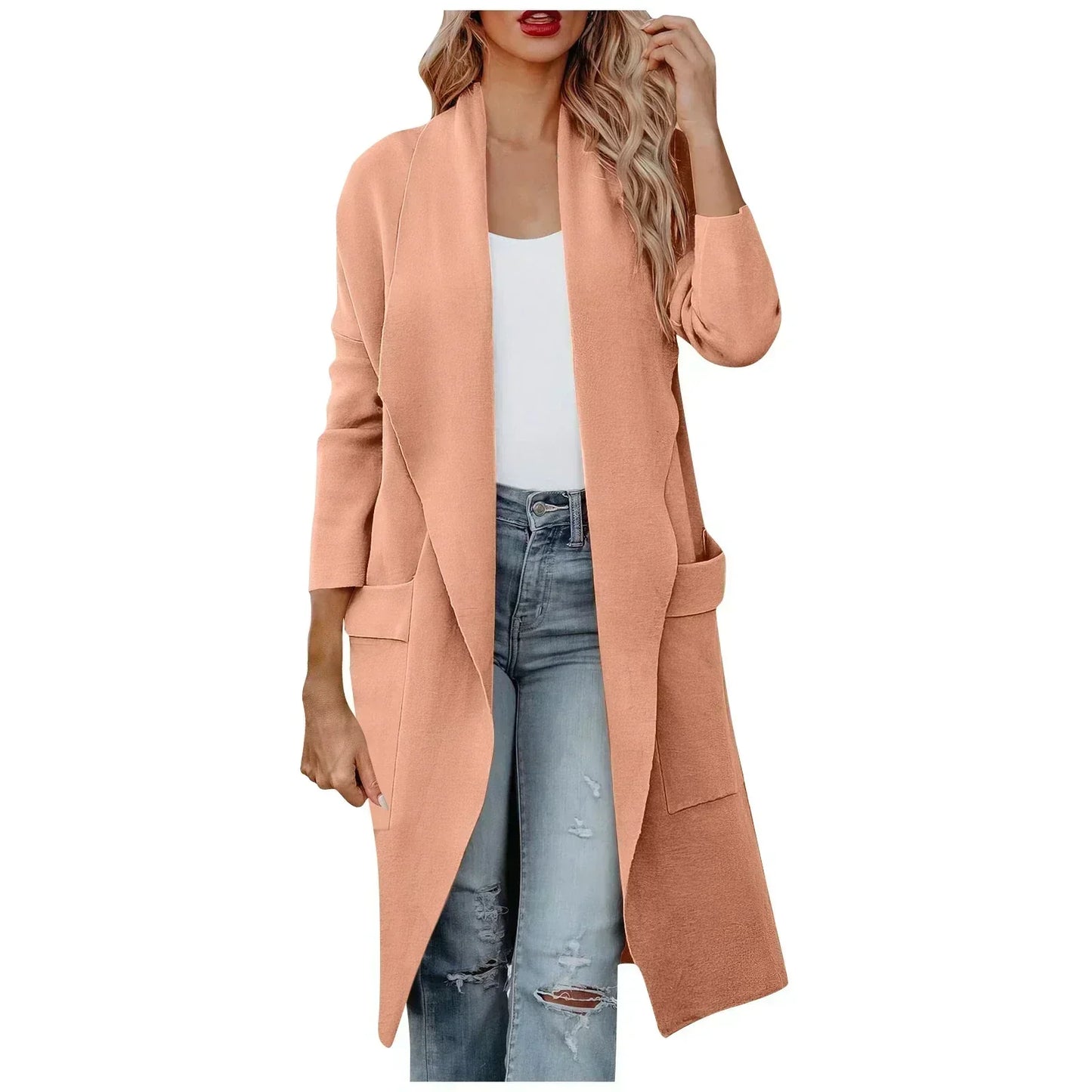 Street-Wave Women's Long Coat With Belt Open Front Soft Warm Fabric Flattering Relaxed Fit
