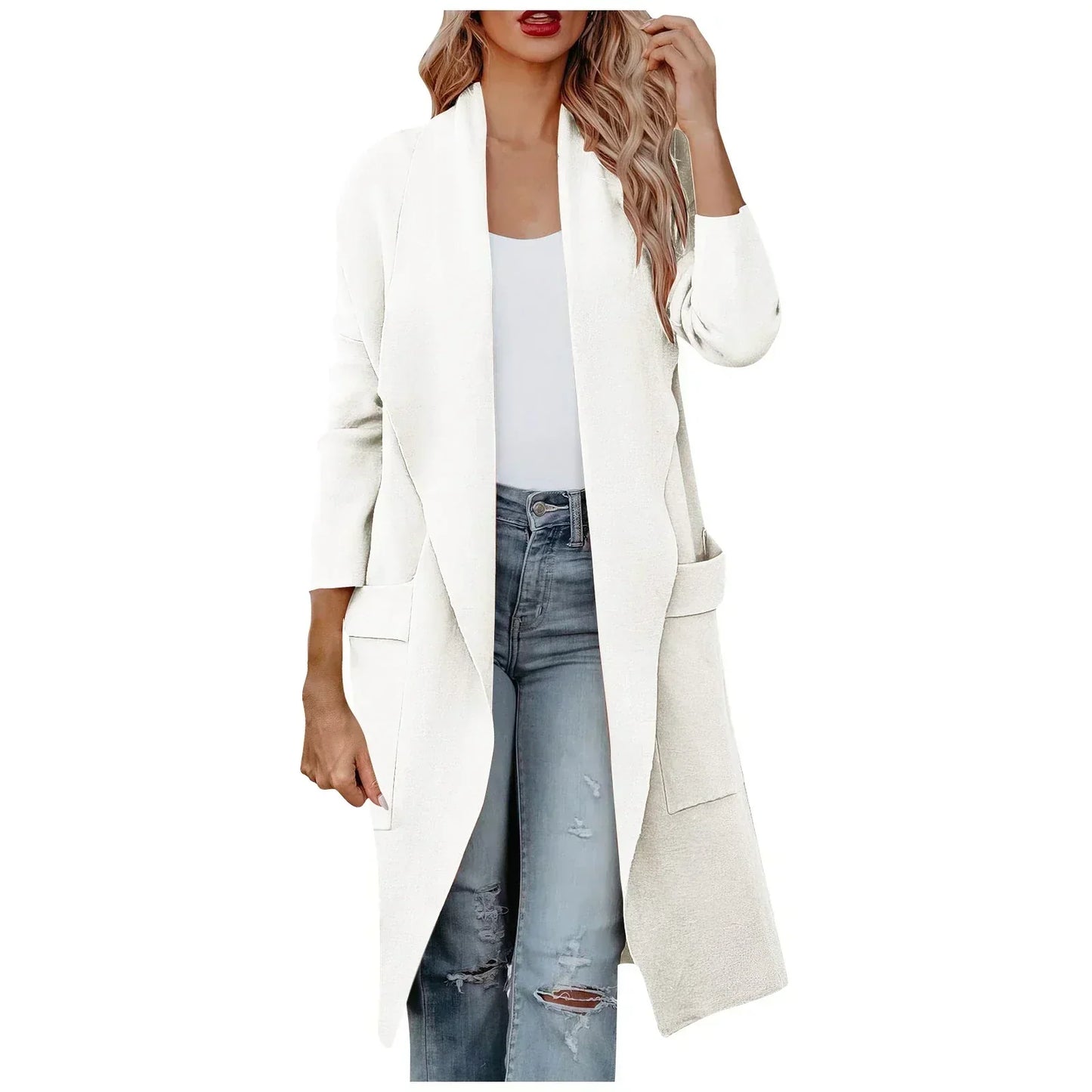 Long Winter Coat Street Wave Flattering Draped Open Front With Large Patch Pockets For Professionals