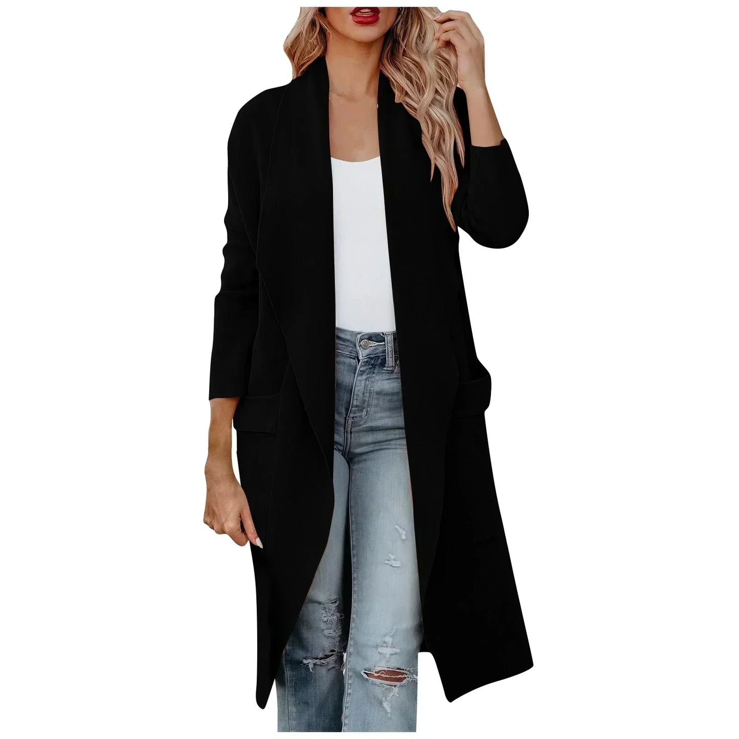 Street-Wave Women's Long Coat With Belt Open Front Soft Warm Fabric Flattering Relaxed Fit