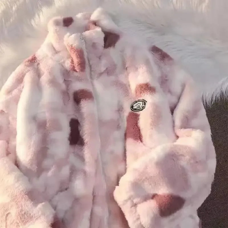 Street-wave Tie-Dye Fleece Winter Jacket For Women Cozy Plush Fabric With Mock Neck And Bold Print