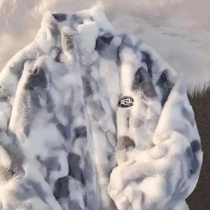 Street-wave Tie-Dye Fleece Winter Jacket For Women Cozy Plush Fabric With Mock Neck And Bold Print