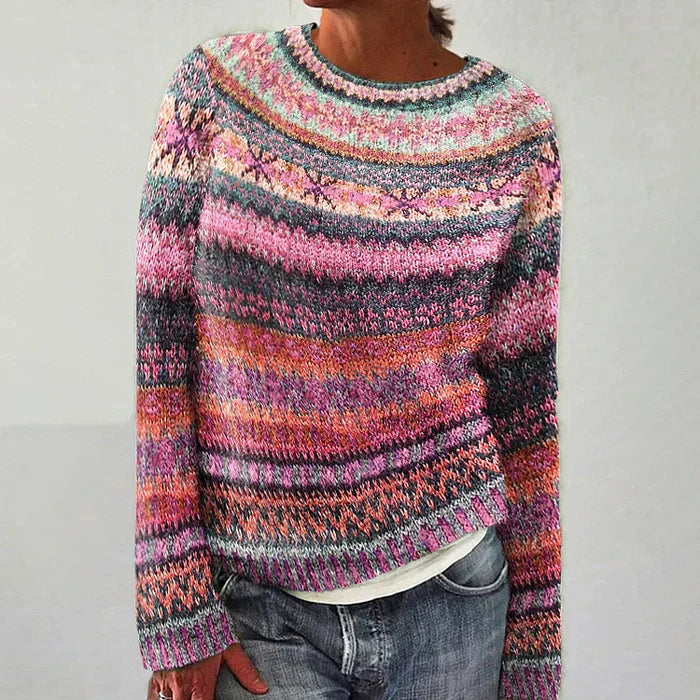 Street-wave Women Colorful Fair Isle Pullover Sweater Cozy Warm Knit Pattern Timeless Everyday Style
