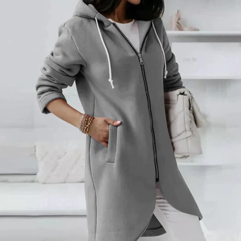 Street-Wave Zip Hoodie For Women, Soft Longline Pink Hooded Sweatshirt, Cozy Practical Style