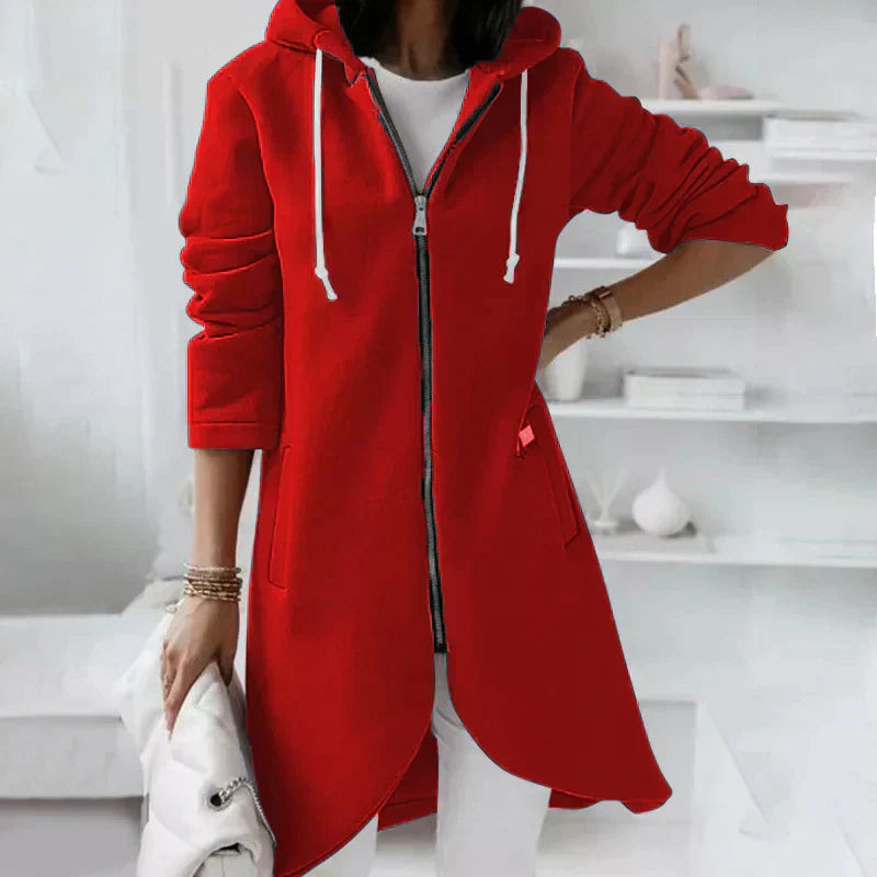 Street-Wave Zip Hoodie For Women, Soft Longline Pink Hooded Sweatshirt, Cozy Practical Style