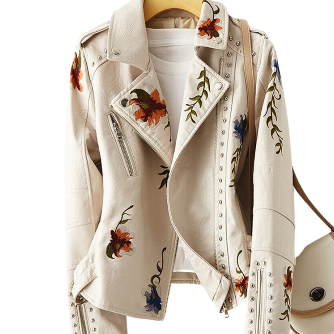 Street-Wave Women Vegan Leather Jacket Nerissa Floral Embroidery Elegant Timeless Chic Comfort